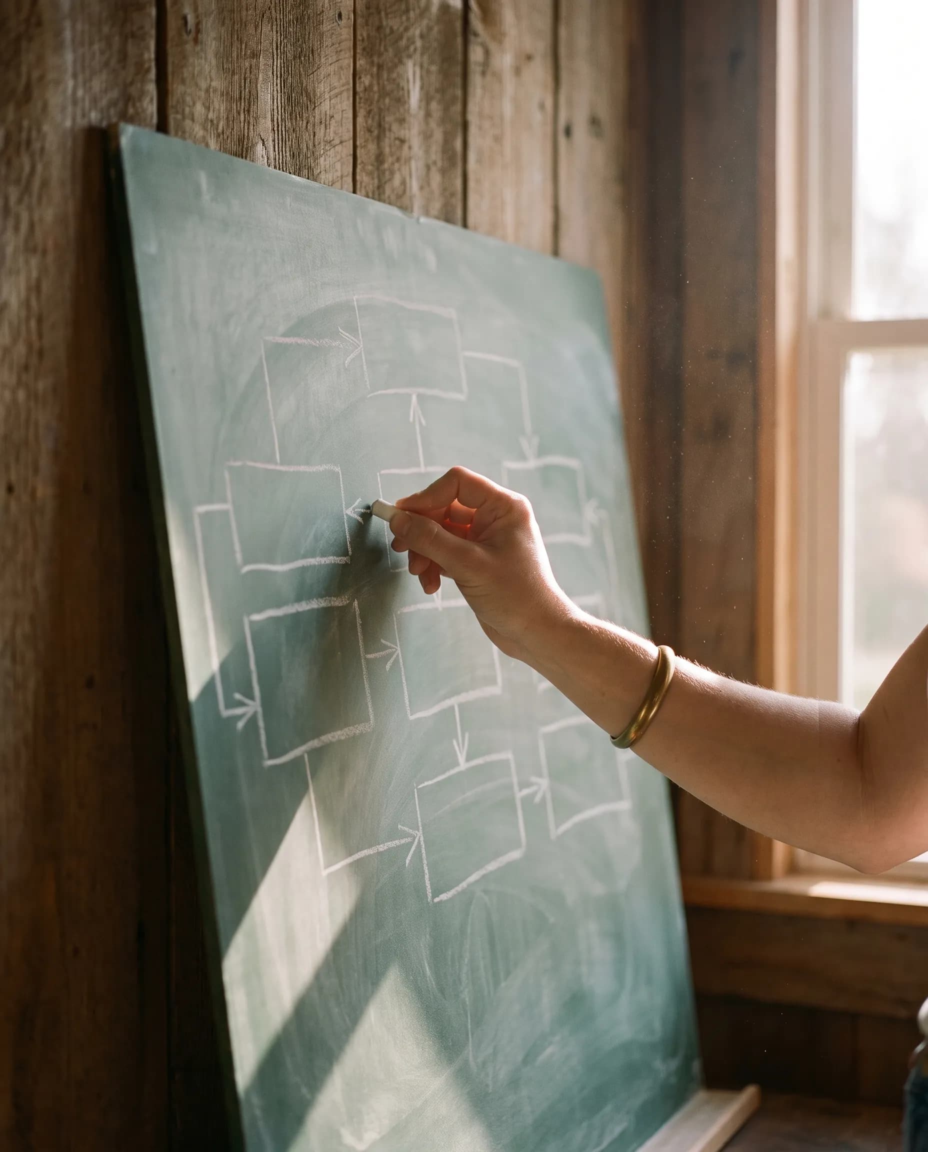 A hand drawing a flow diagram in chalk on a green board