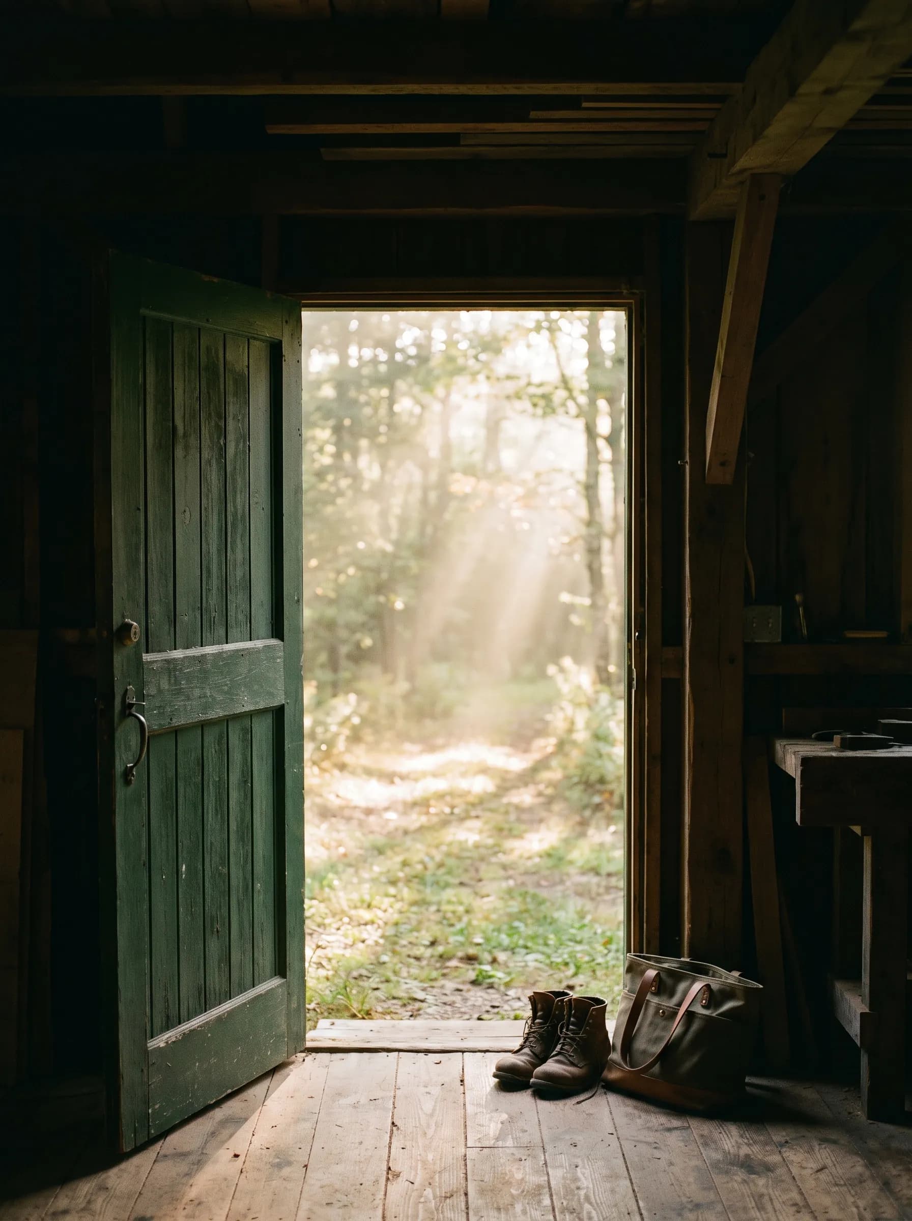 An open cabin door onto a sunlit forest path