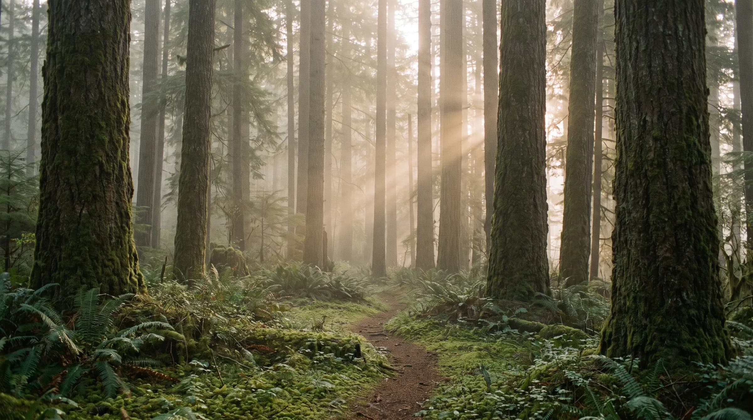 Sunlight streaming through tall trees onto a forest path