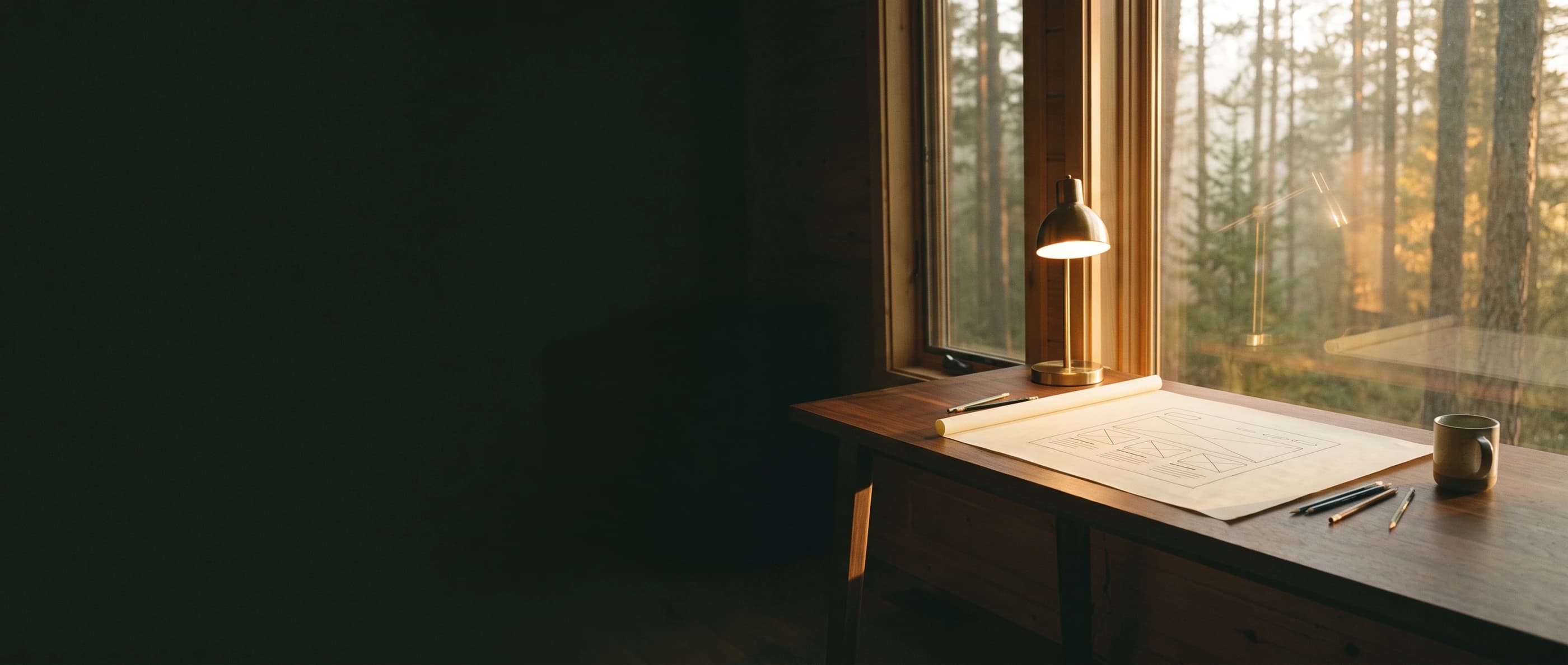 A walnut desk by a cabin window with a pencil wireframe