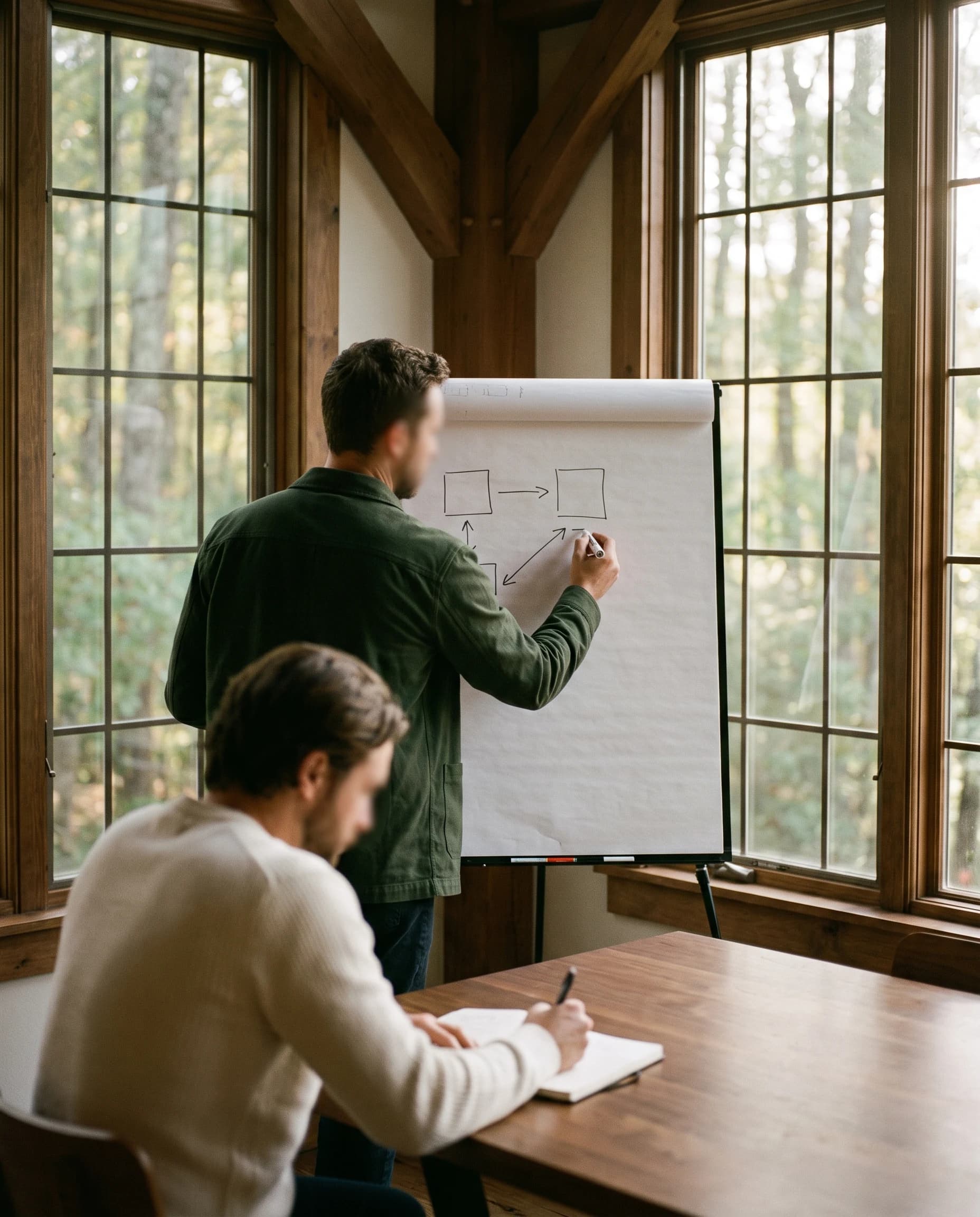 Two people in a cabin studio, one sketching on a flip chart while the other takes notes