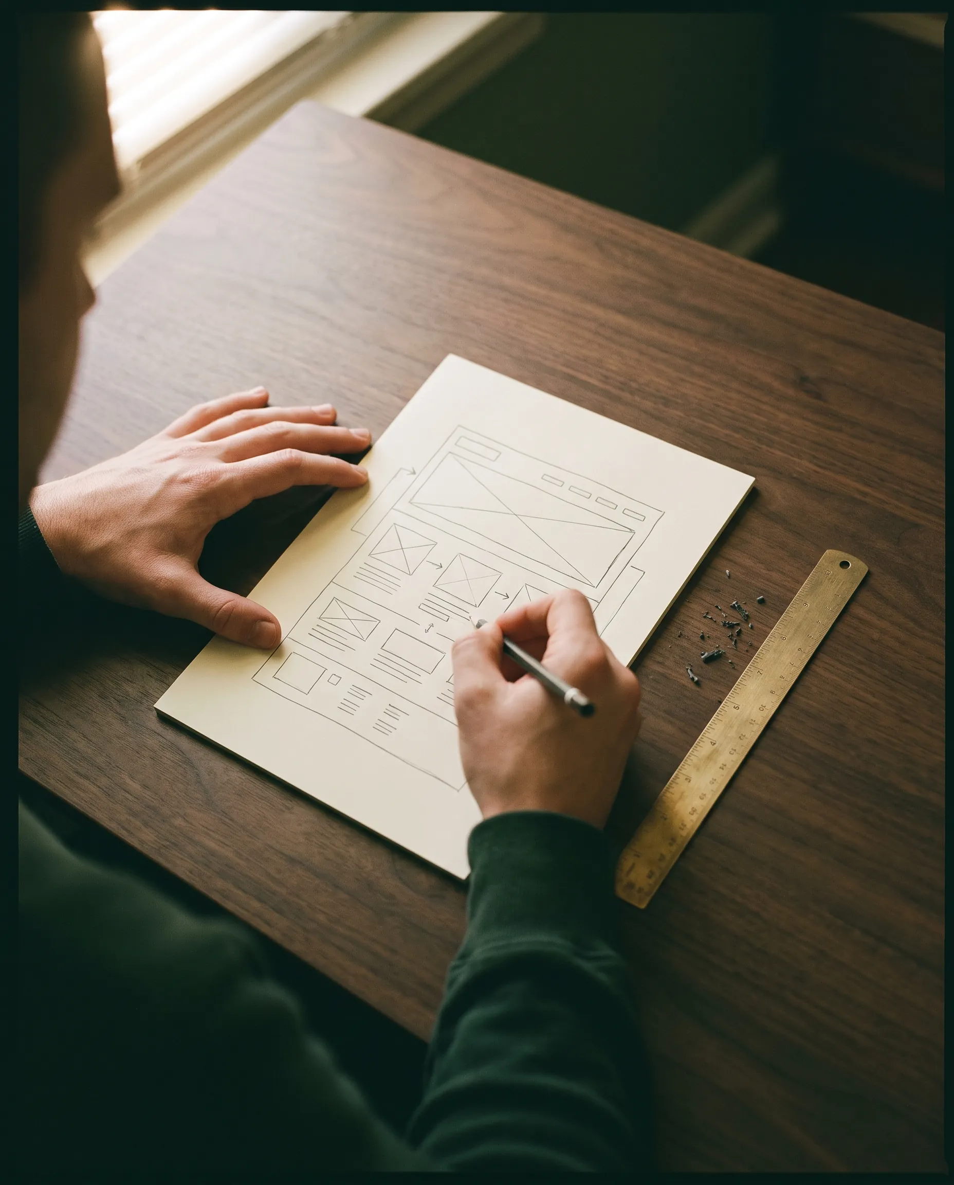 A hand sketching a site map in pencil on paper at a wooden desk