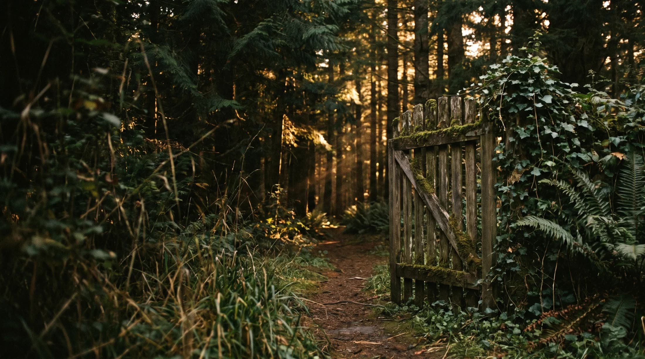 A weathered wooden gate standing half open at the edge of a forest