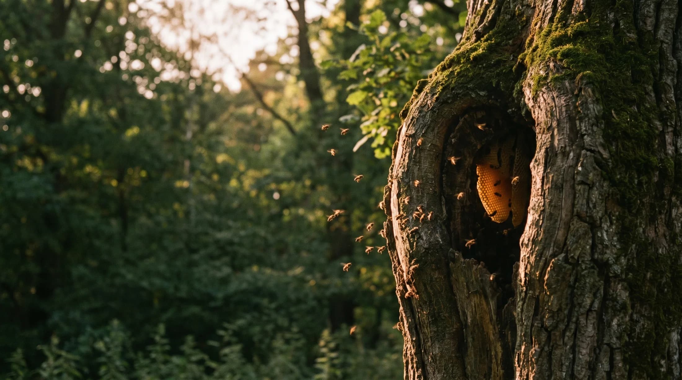 A beehive glowing inside the hollow of an old tree trunk