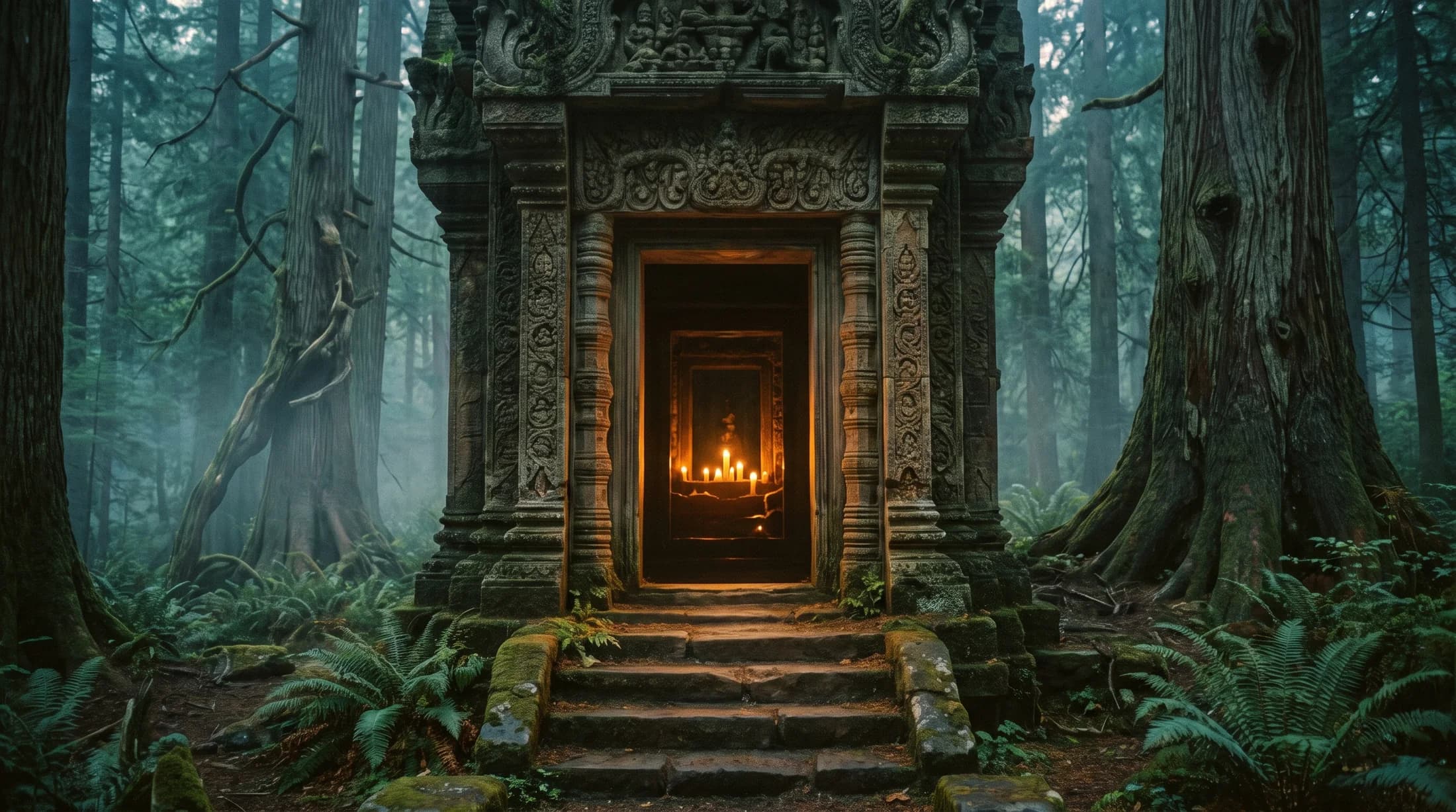 A carved stone temple in the forest with candlelight glowing in its doorway