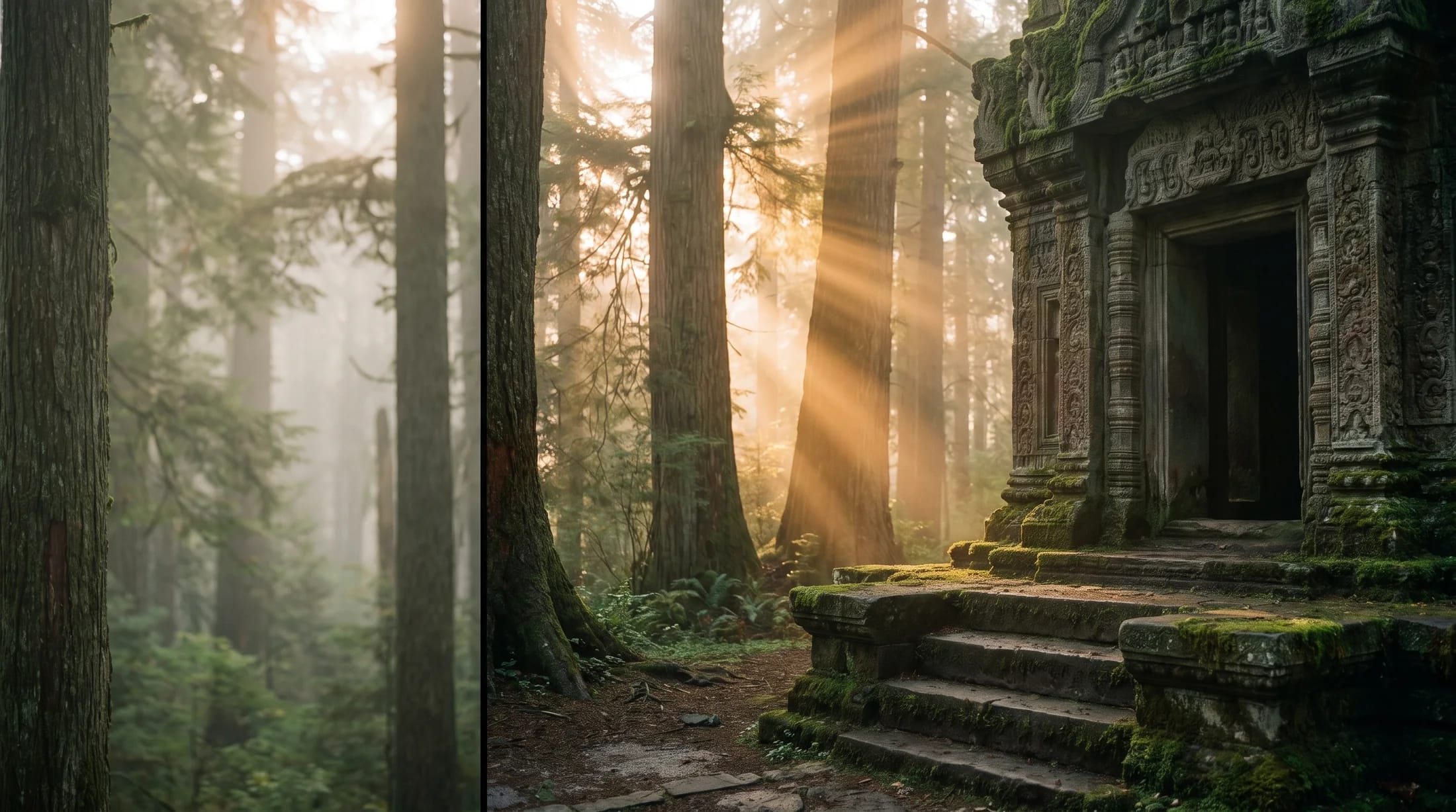 A carved stone doorway in an old-growth cedar forest at dawn, light breaking through the mist