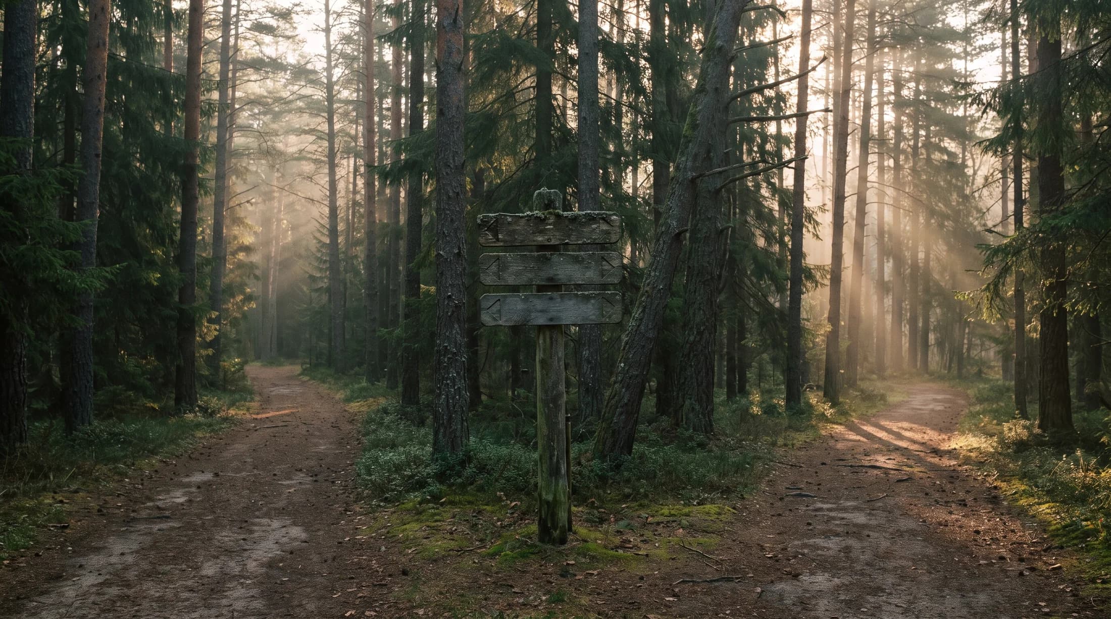 A wooden signpost where a forest trail splits in two