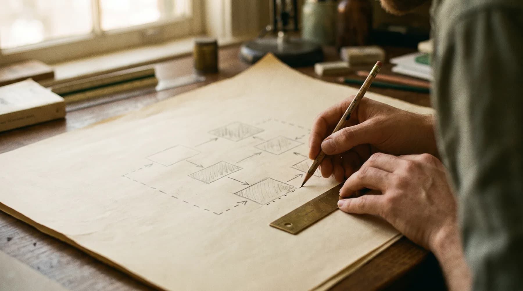 A hand drafting a floor plan with a pencil and ruler