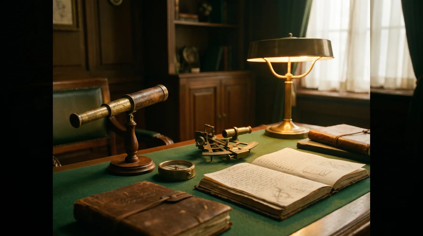 A study desk with a brass telescope, a lamp and an open journal