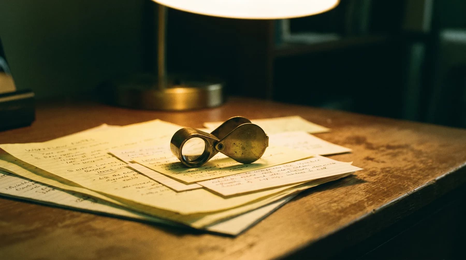 A magnifying loupe resting on handwritten notes under a desk lamp