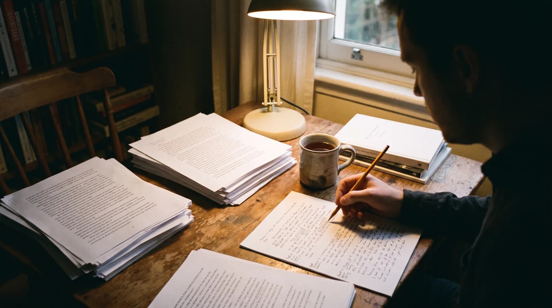 A person reviewing stacks of printed pages at a desk by lamplight
