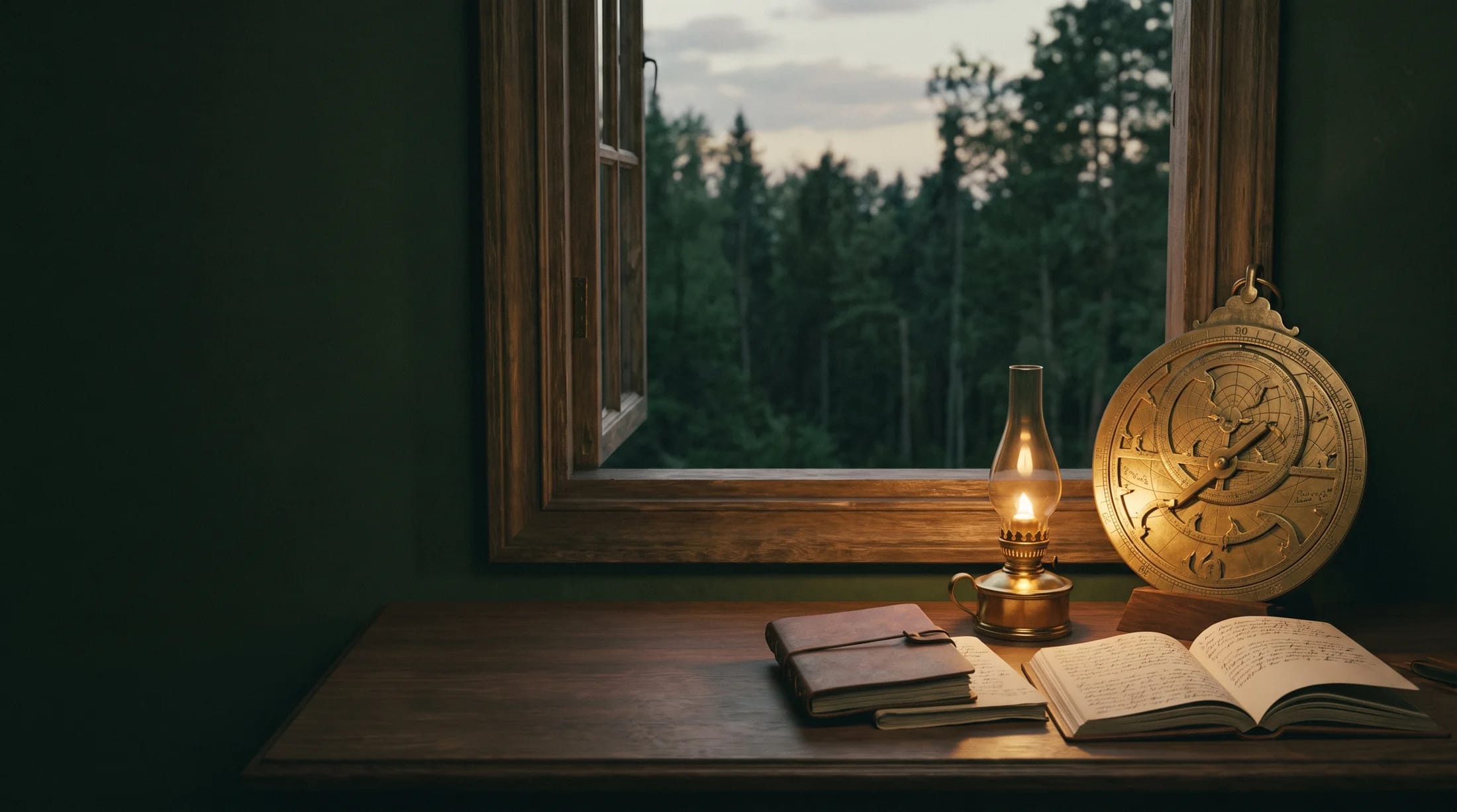 An antique brass astrolabe on a scholar's desk beside open notebooks at dusk
