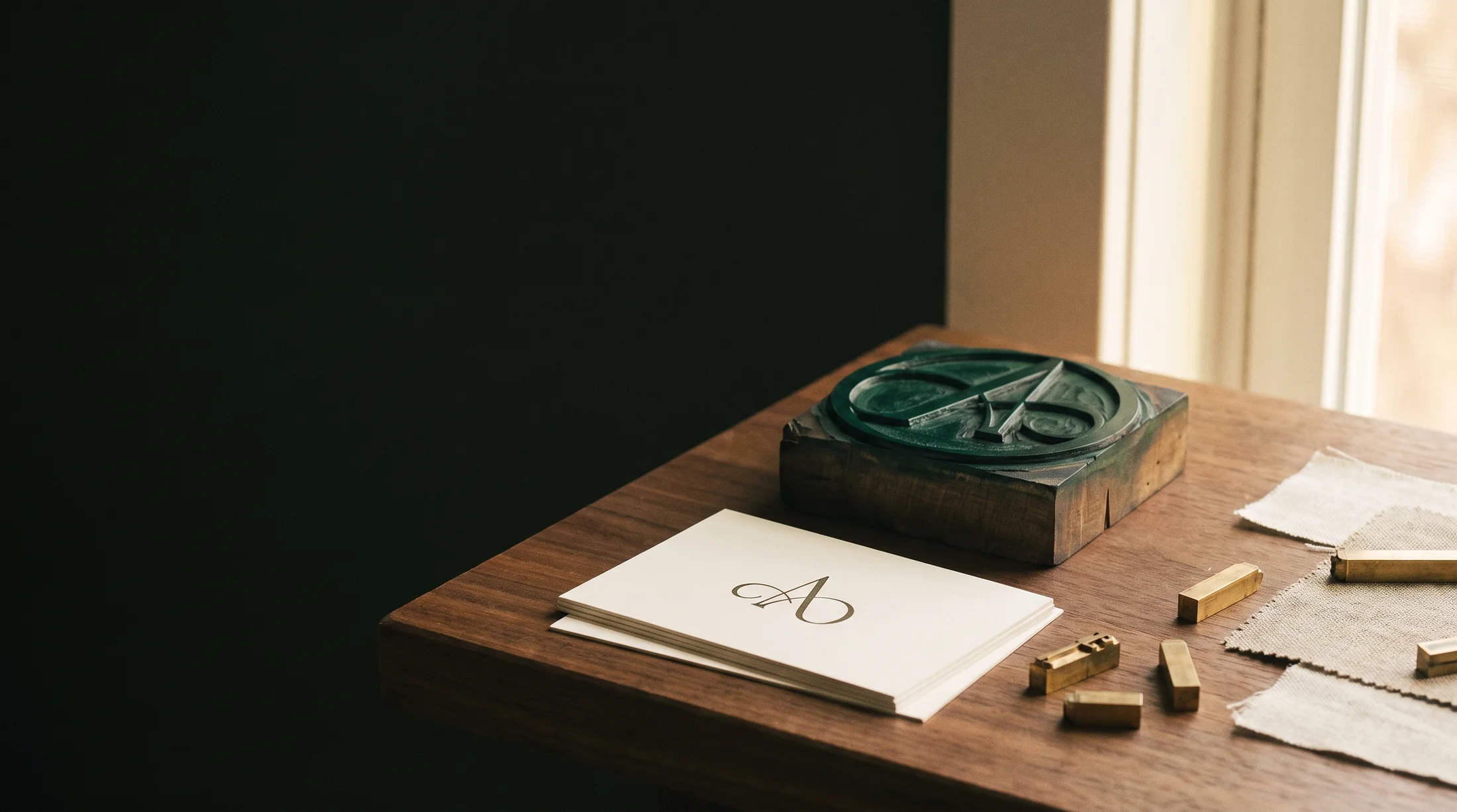 A letterpress block inked in green beside freshly printed cards with a monogram