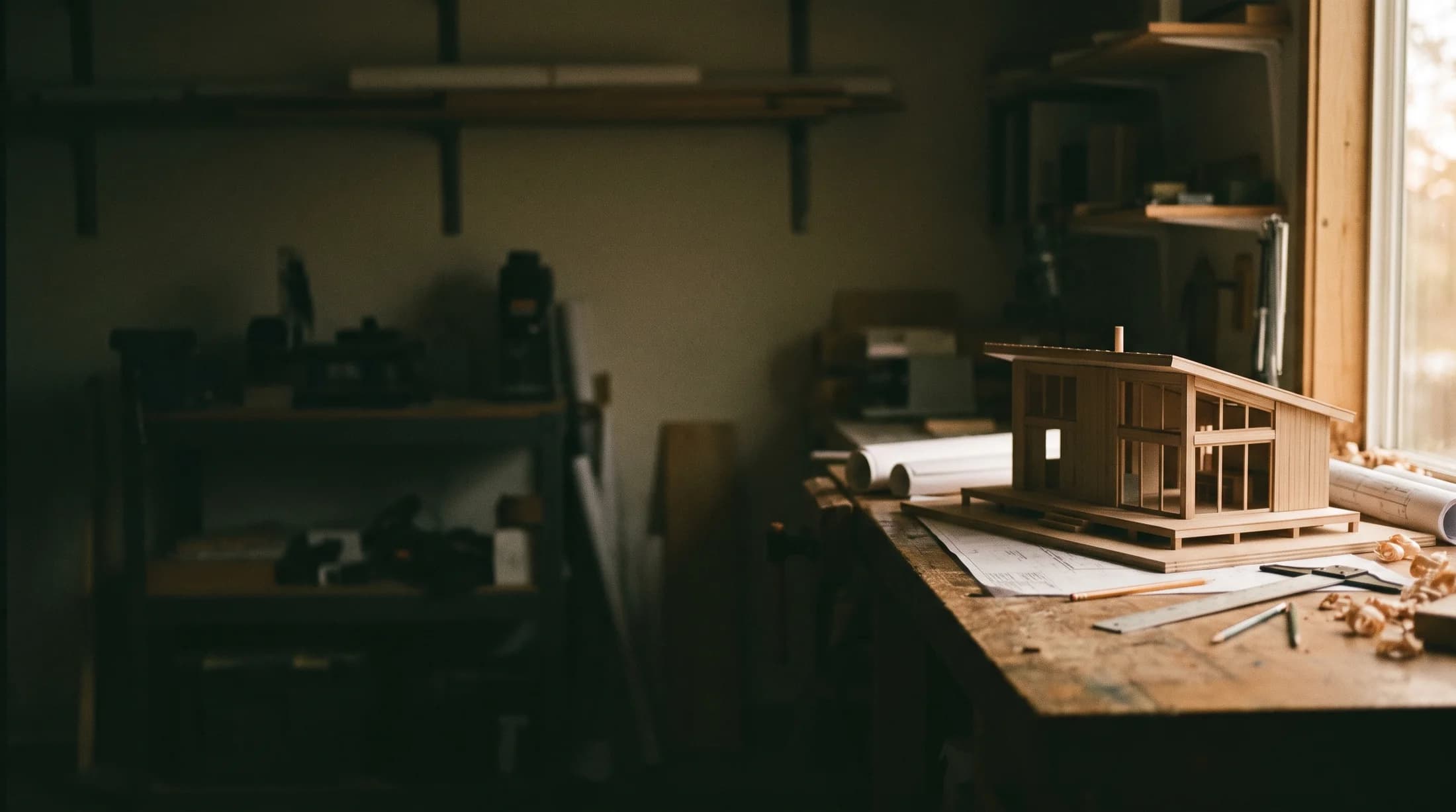 A wooden architectural scale model on a workbench