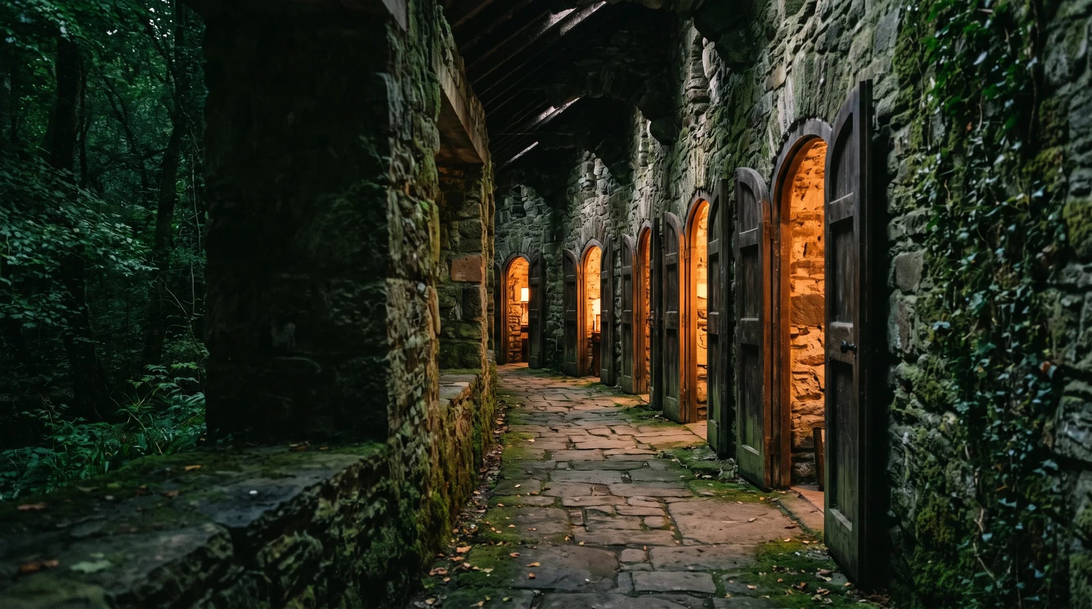 An old stone corridor with open wooden doors, each glowing with warm light