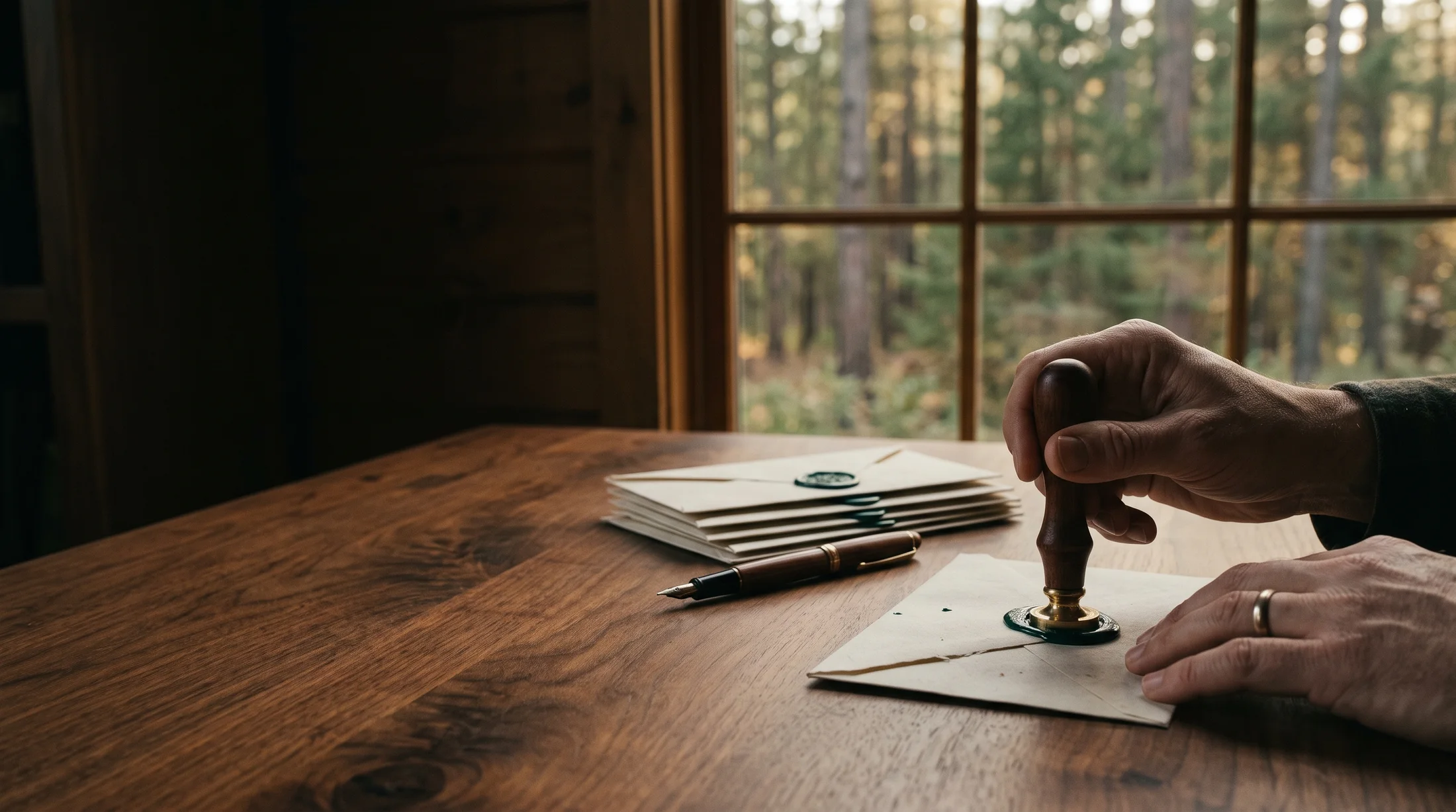 Hands pressing a green wax seal onto a letter on a walnut desk at dawn