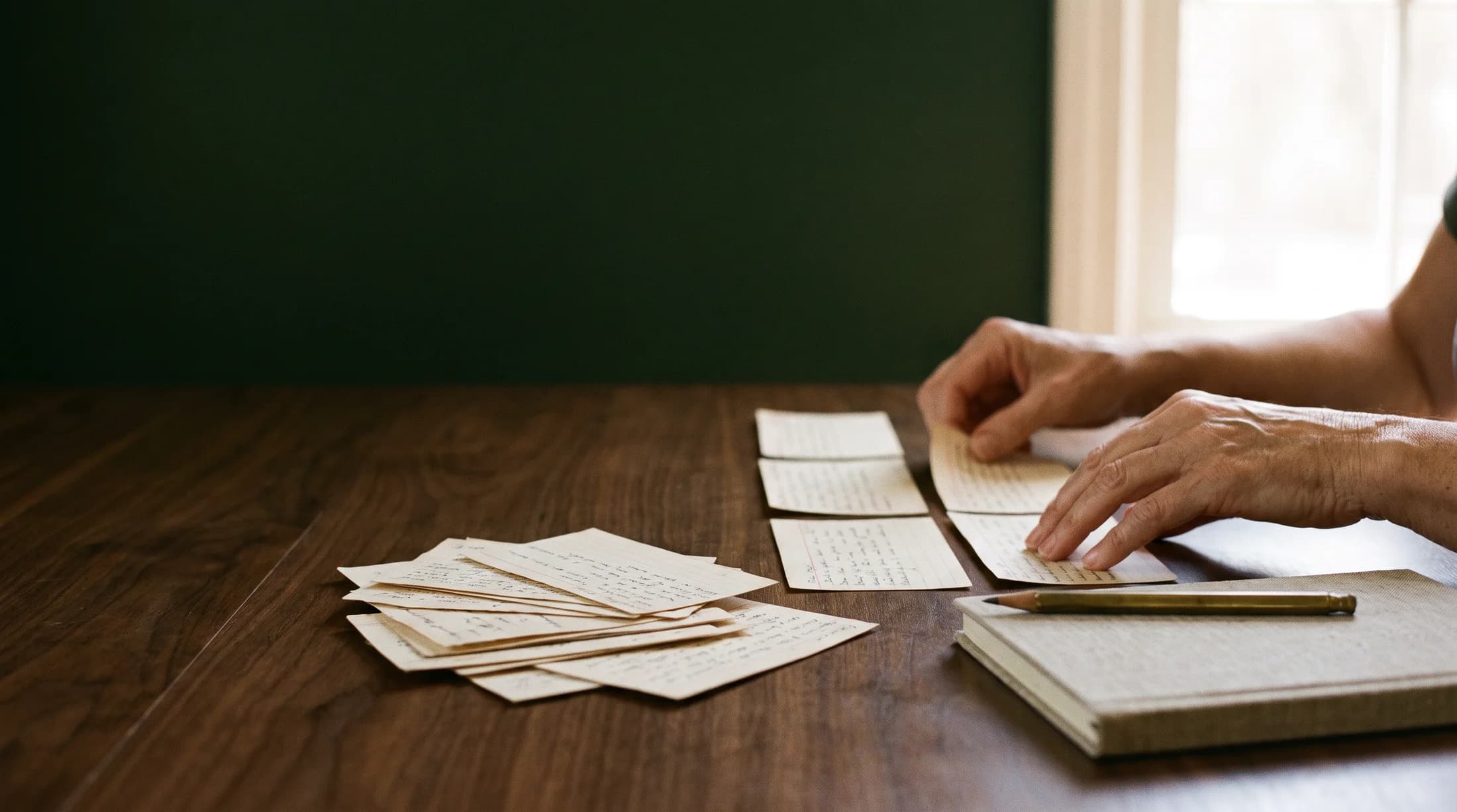 Hands arranging handwritten cards into one row