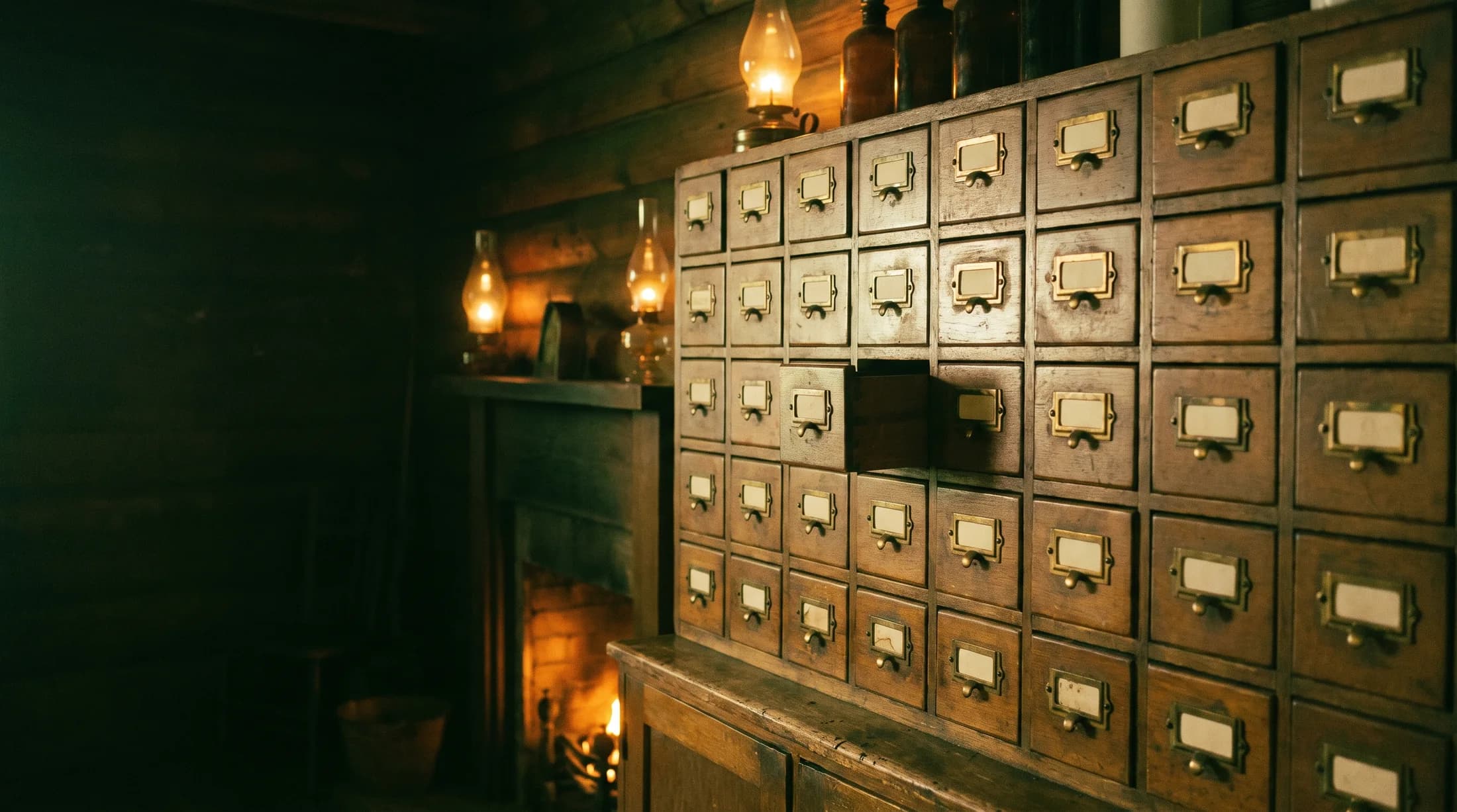An apothecary cabinet of labeled drawers