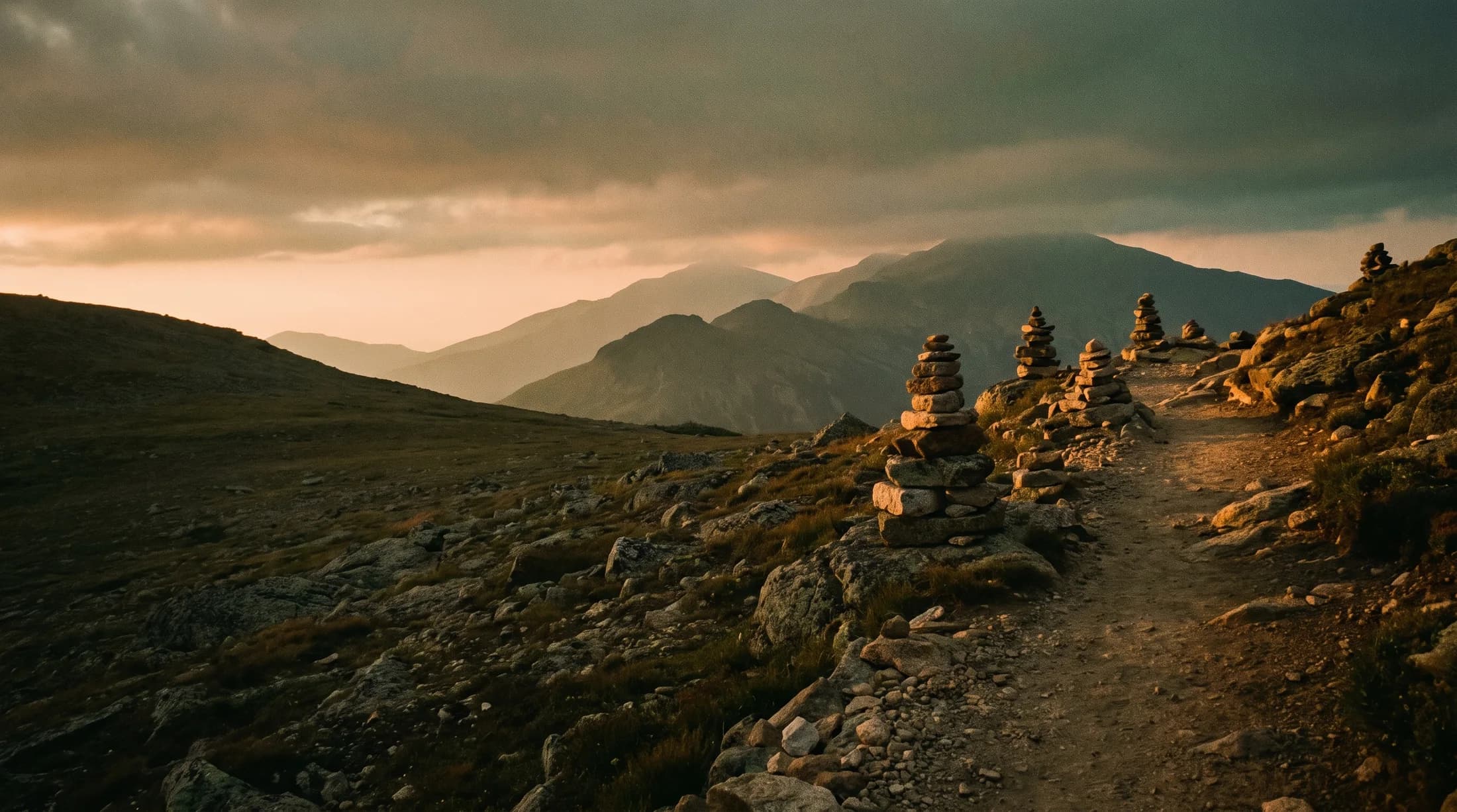 Balanced stone cairns along a mountain trail at dawn, the path rising toward misty peaks