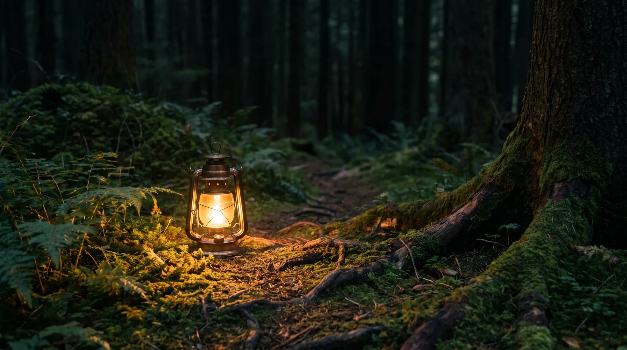 A lit lantern resting on moss on the forest floor