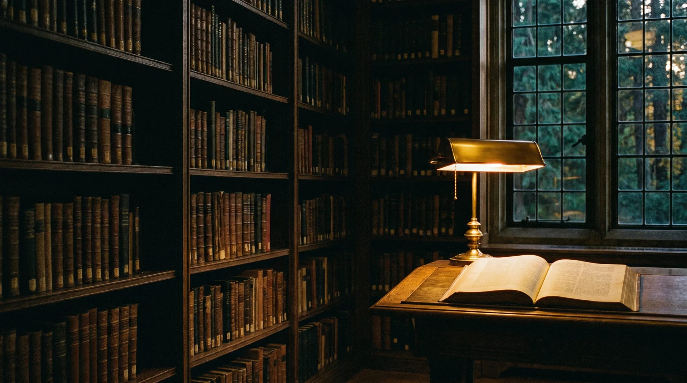 A quiet reading room of very old books, one open under a brass lamp at dusk