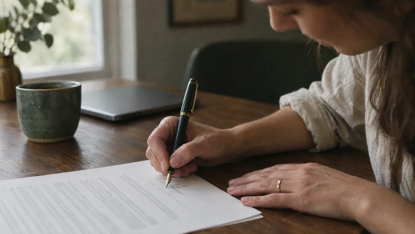 A founder's hands signing a paper agreement with a fountain pen in morning light
