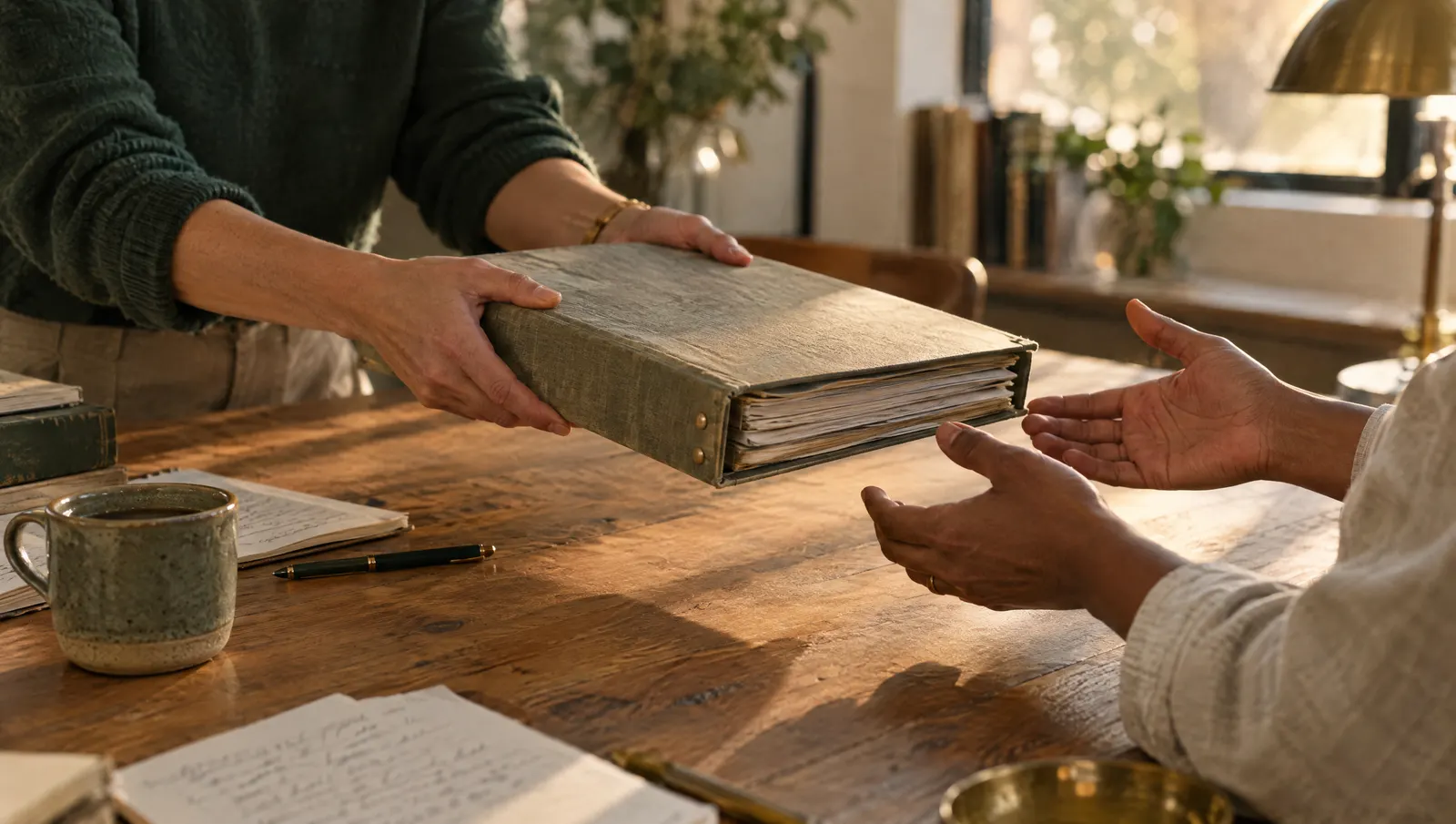One person's hands sliding a binder of documentation across a table into another's
