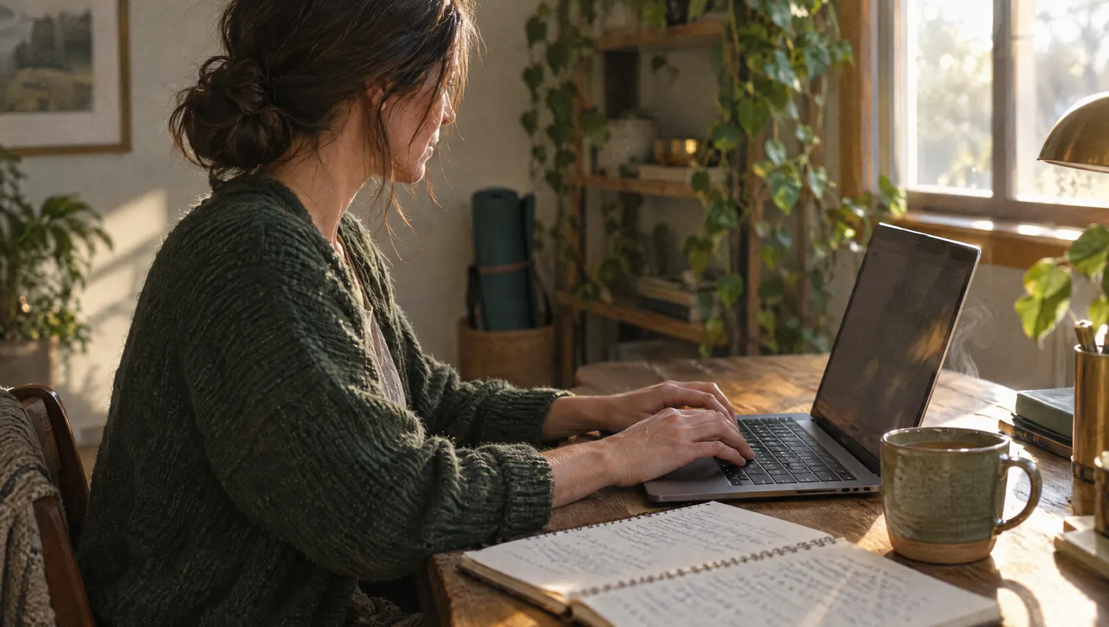 A coach in side profile typing at dawn beside handwritten curriculum notes and a mug of tea