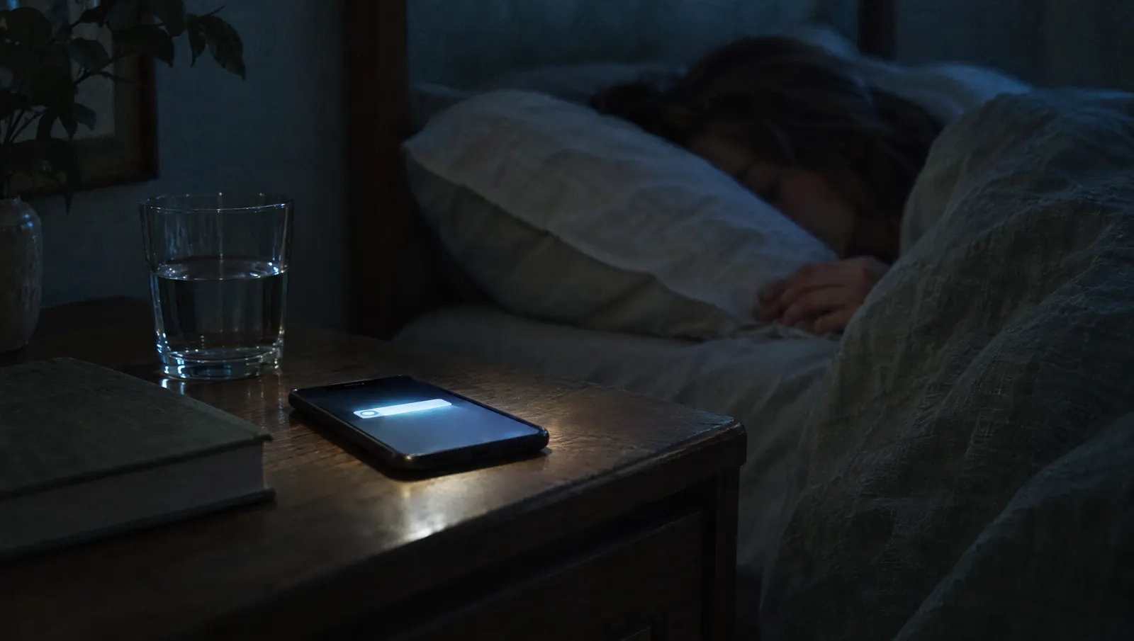 A phone glowing with a new message on a nightstand while its owner sleeps in the background