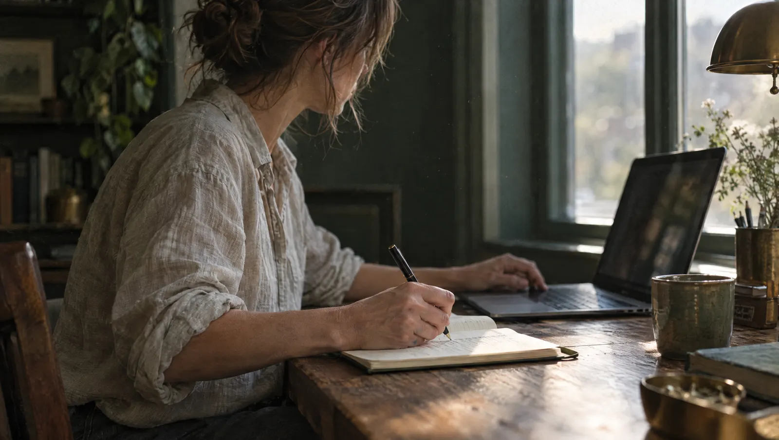 A founder in side profile writing in a notebook beside an open laptop, in soft morning light