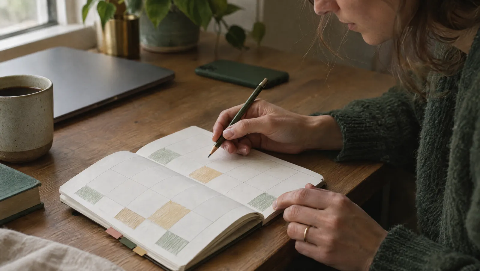 A founder's hands turning the pages of a paper weekly planner, pencil in hand, laptop and phone pushed aside