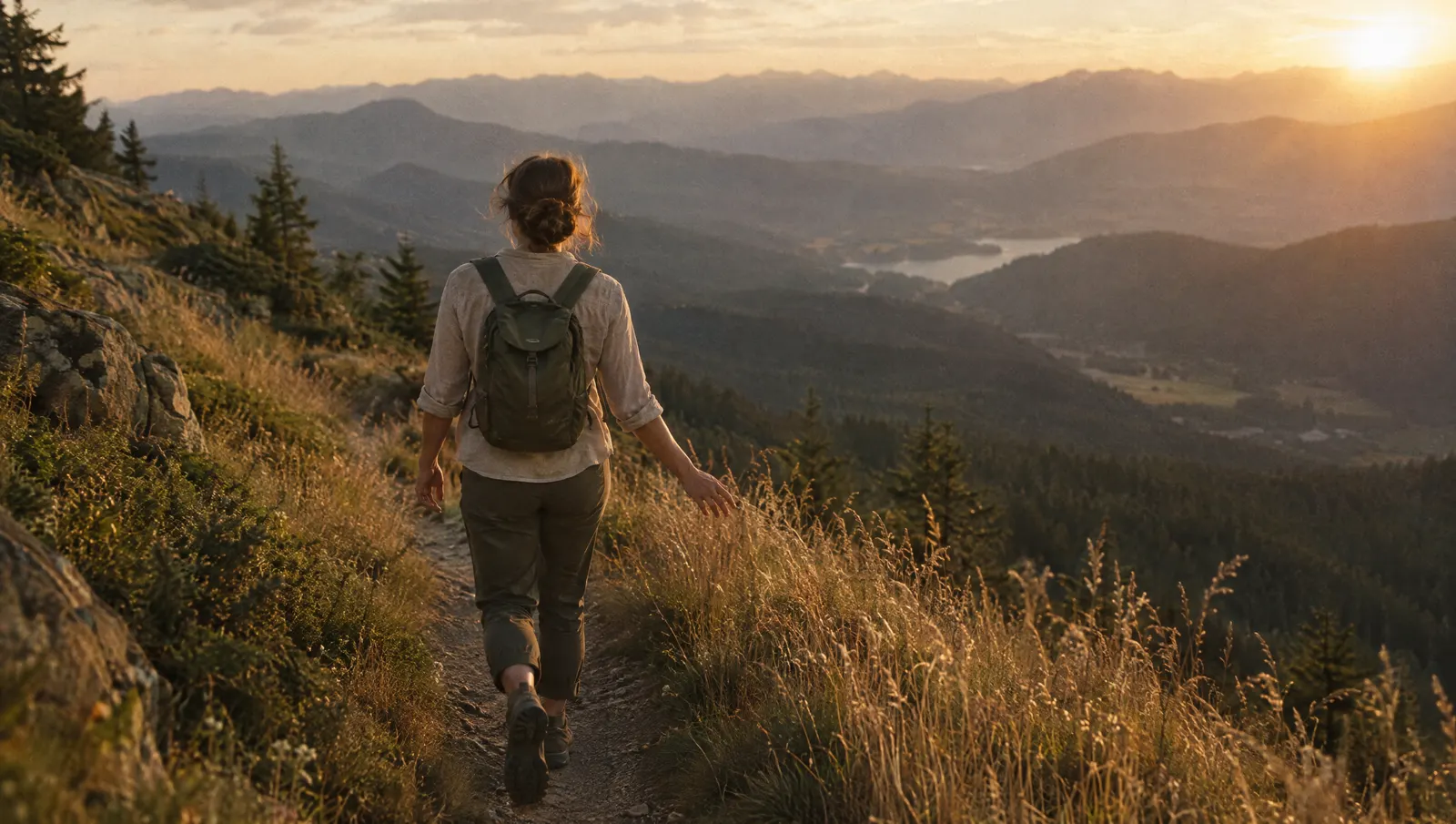 A founder walking alone up a mountain trail at golden hour, no laptop in sight