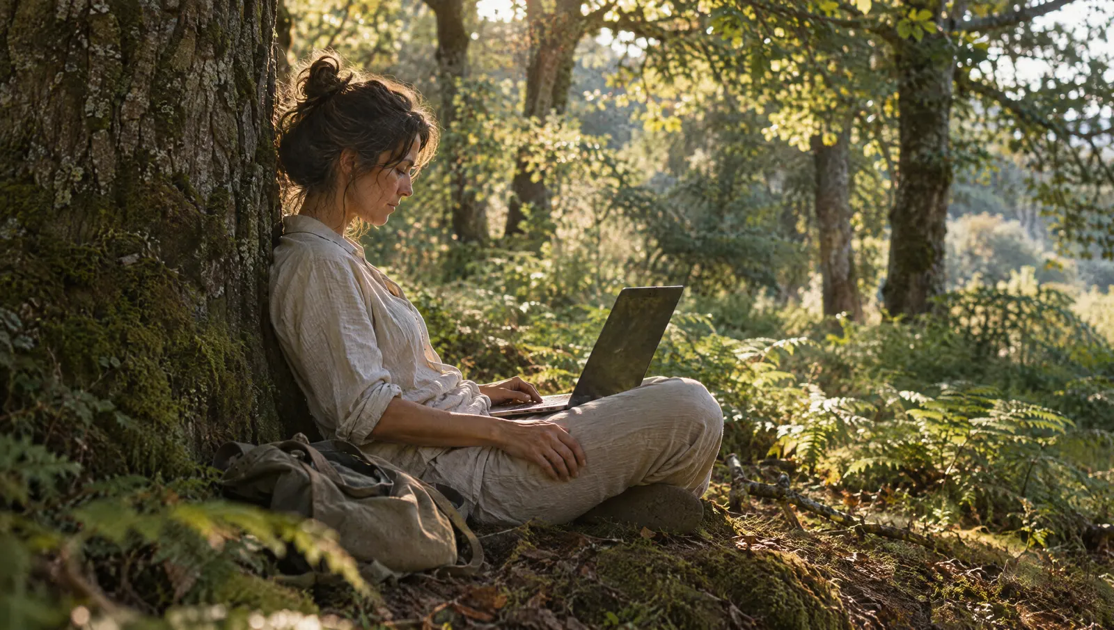 A founder leaning against an old oak tree with a laptop on her lap, at ease in dappled forest light