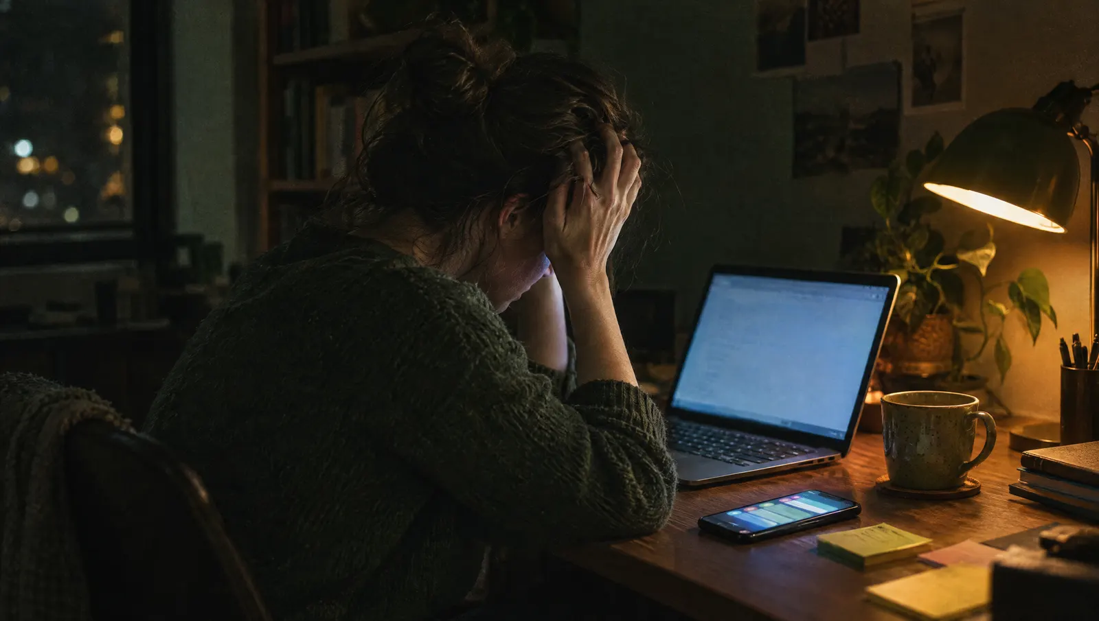 A founder at her desk late at night, hands pressed to her temples, lit by her laptop screen