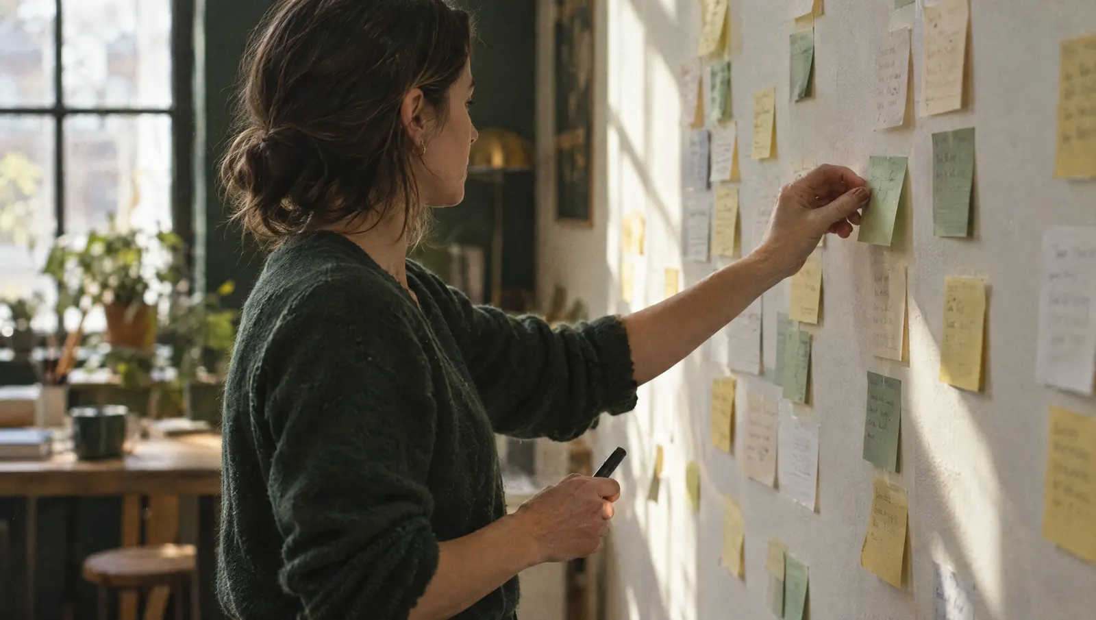 A founder in side profile moving a sticky note across a planning wall, marker in hand