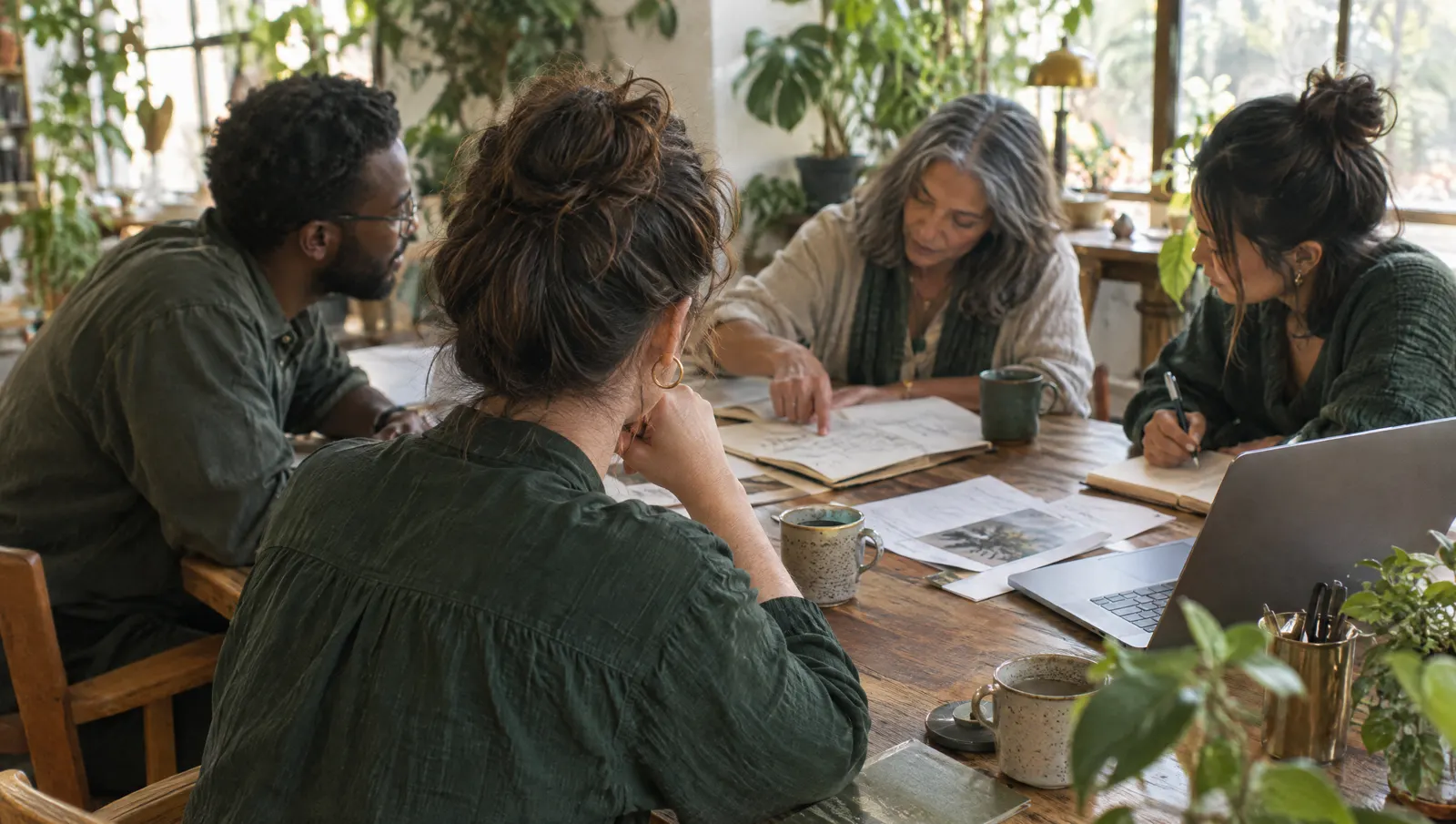 Over the shoulder of a founder listening while her team works through a plan at a long table
