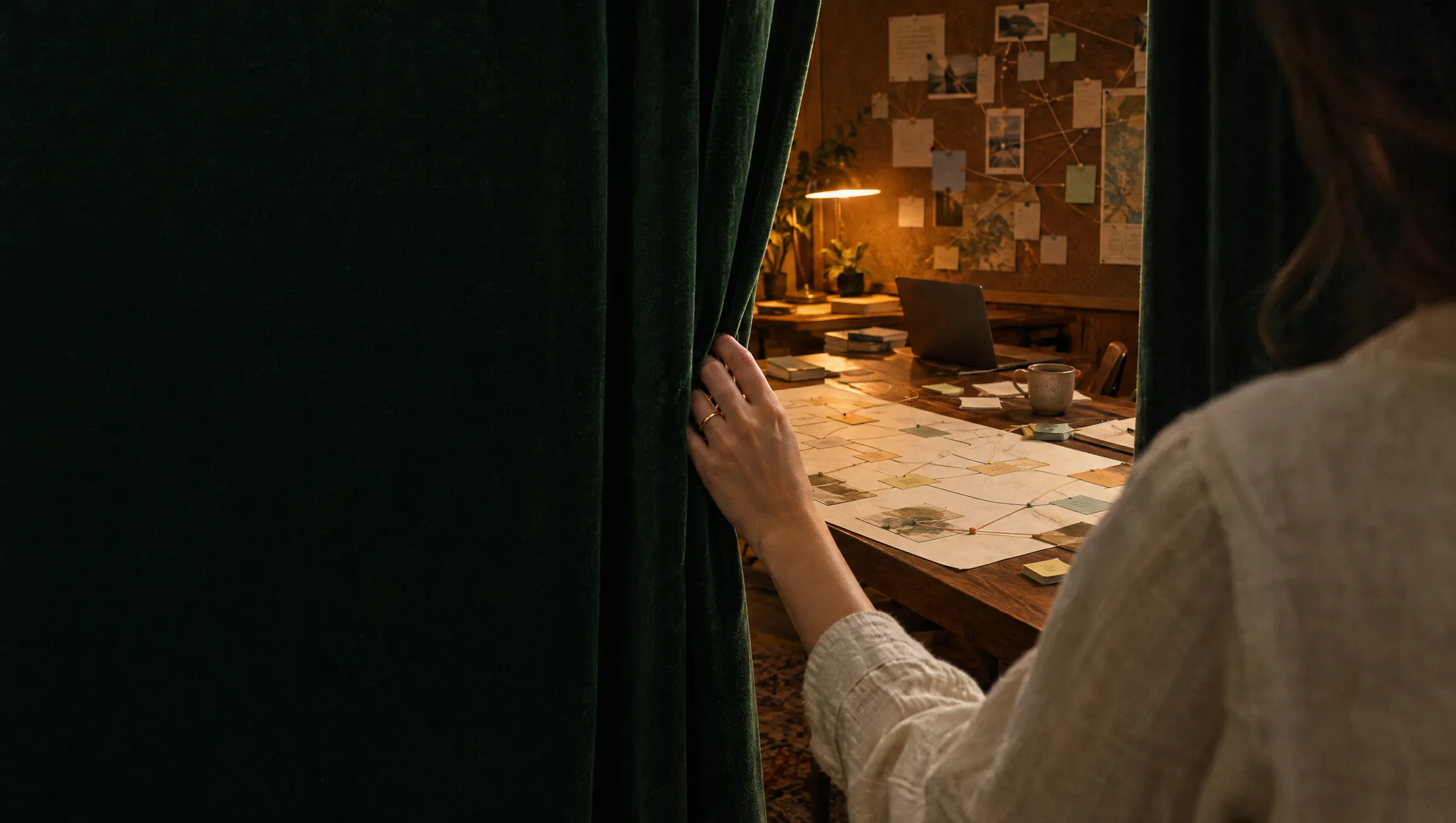 A hand drawing back a curtain onto a warmly lit workspace