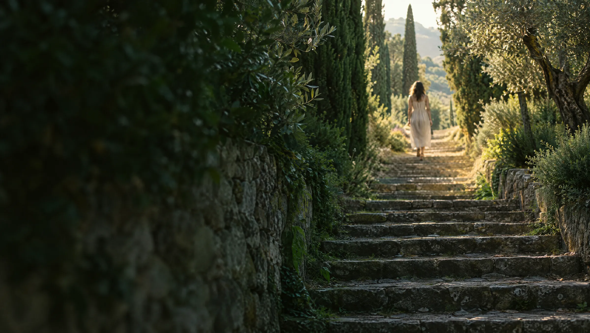A woman walking up stone steps through a garden of cypress and olive trees